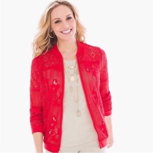 Chico’s Red Lace-Crochet Bomber Jacket